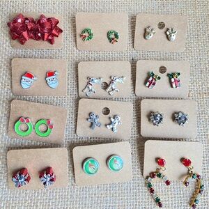 Lot of Christmas holiday pierced post earrings with bows wreaths reindeer santa